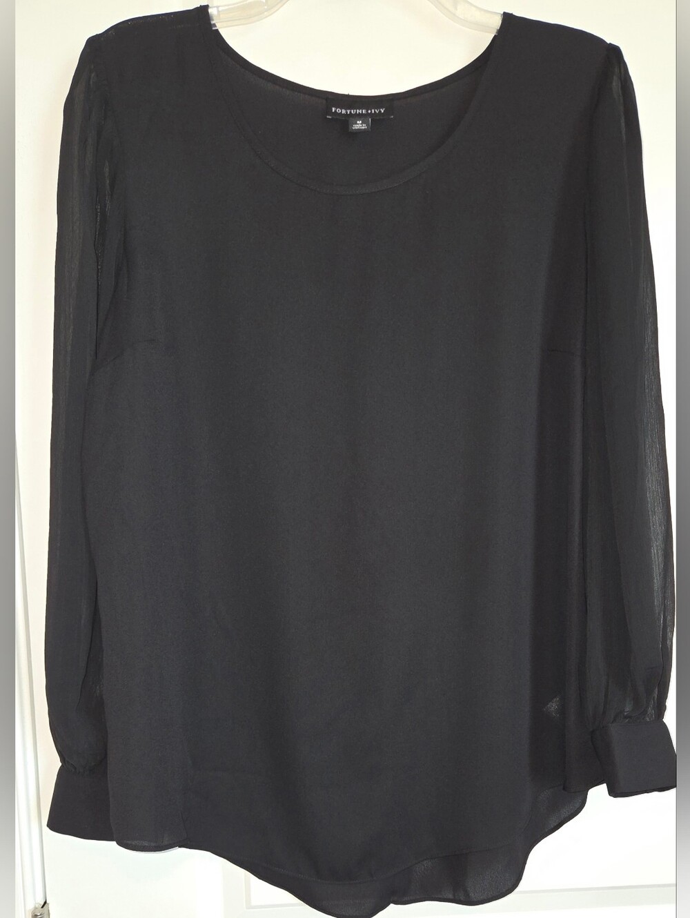Fortune Ivy Black Sheer Long Sleeve Blouse Scoop Neck Button Cuffs Medium